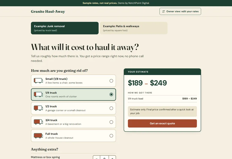 Instant quote calculator with a live price range
