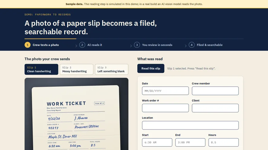 Slip-to-record demo, a photo of a paper ticket filed automatically